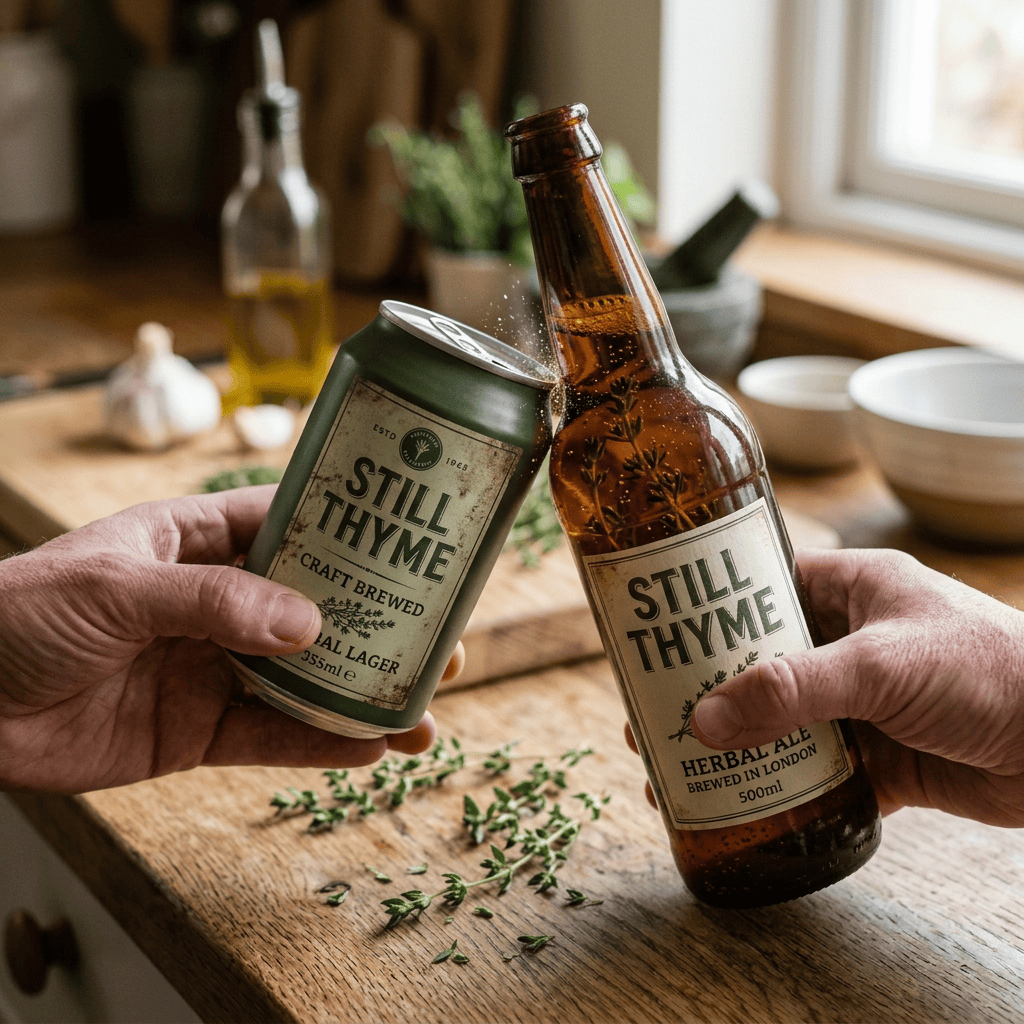 Two bottles labeled Still Thyme, Craft Brewed Herbal Lager 355ml and Herbal Ale Brewed in London 500ml, held over fresh thyme.