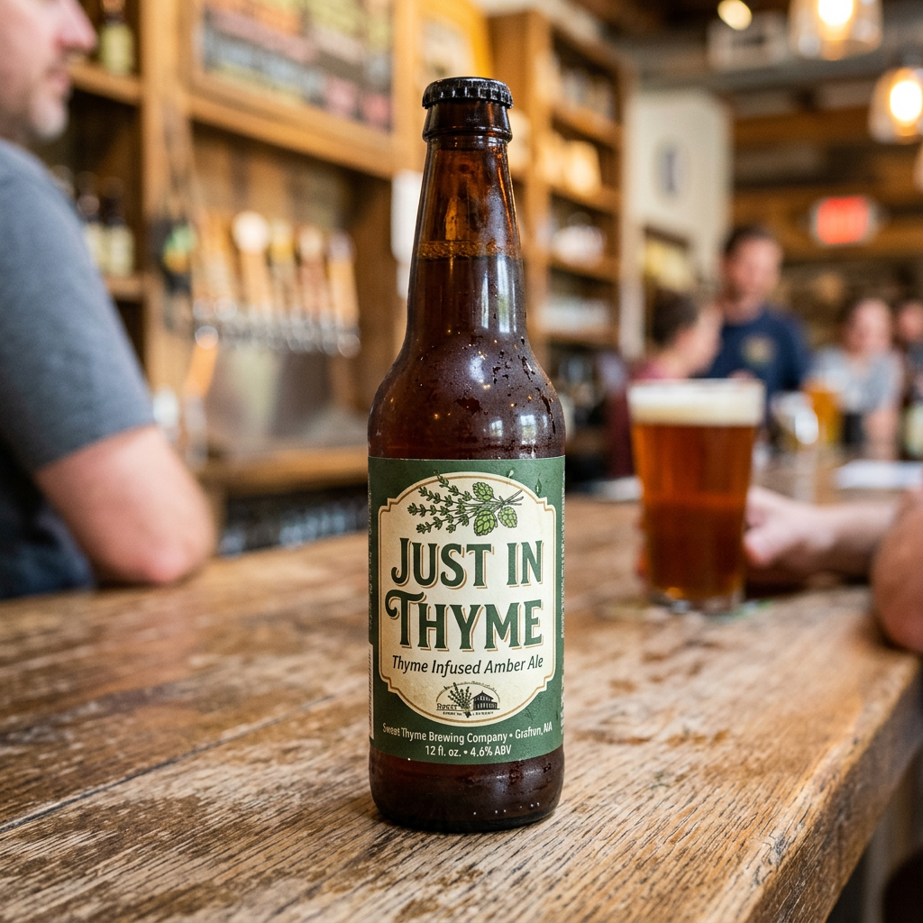 Bottle labeled Just In Thyme thyme-infused amber ale on a brewery bar
