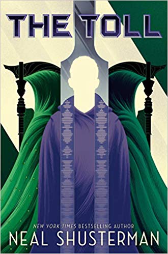 Two green cloaked scythes stand on either side of a person wearing a purple robe.