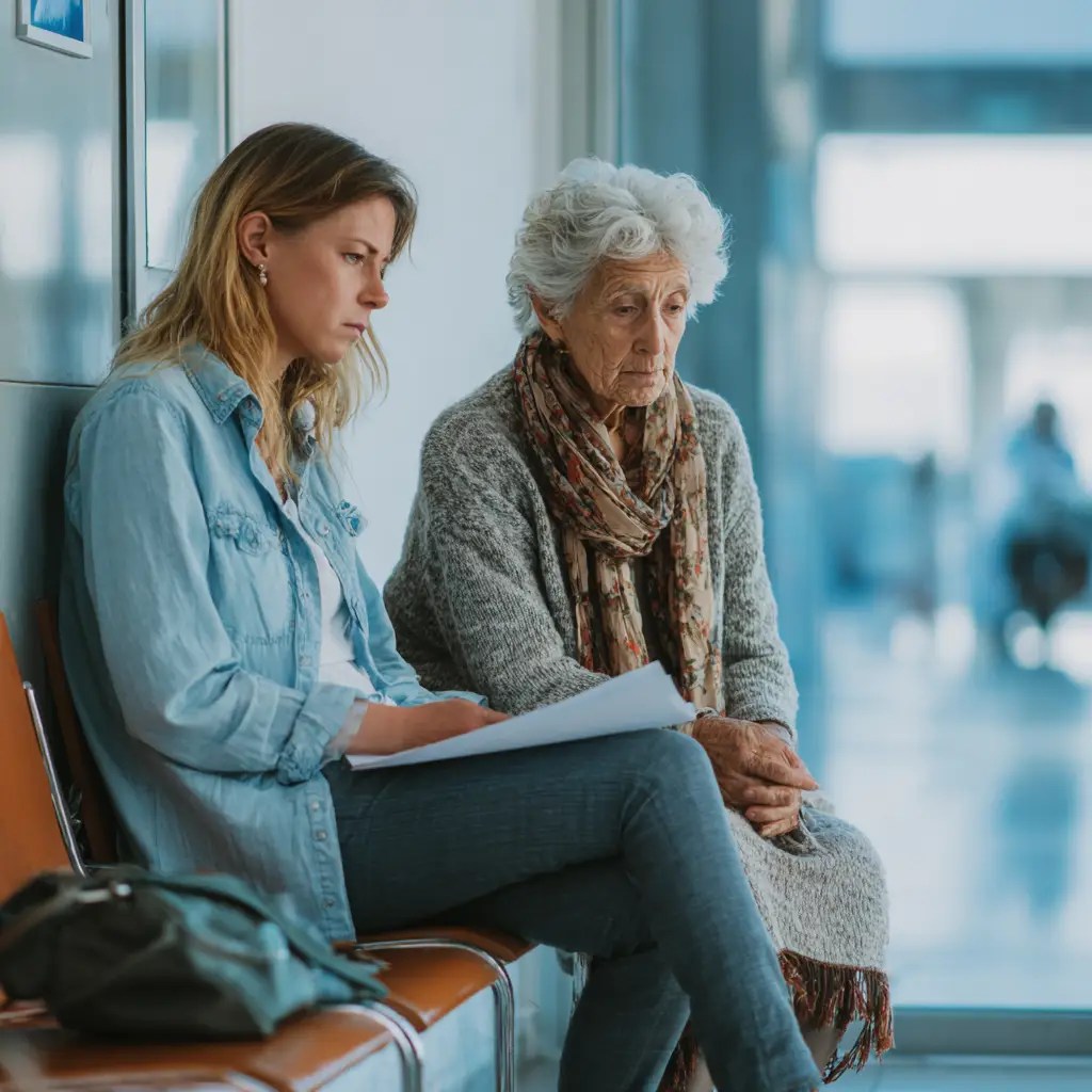 Family caregiver reviewing doctor visit preparation forms with elderly parent in medical office waiting room before healthcare appointment