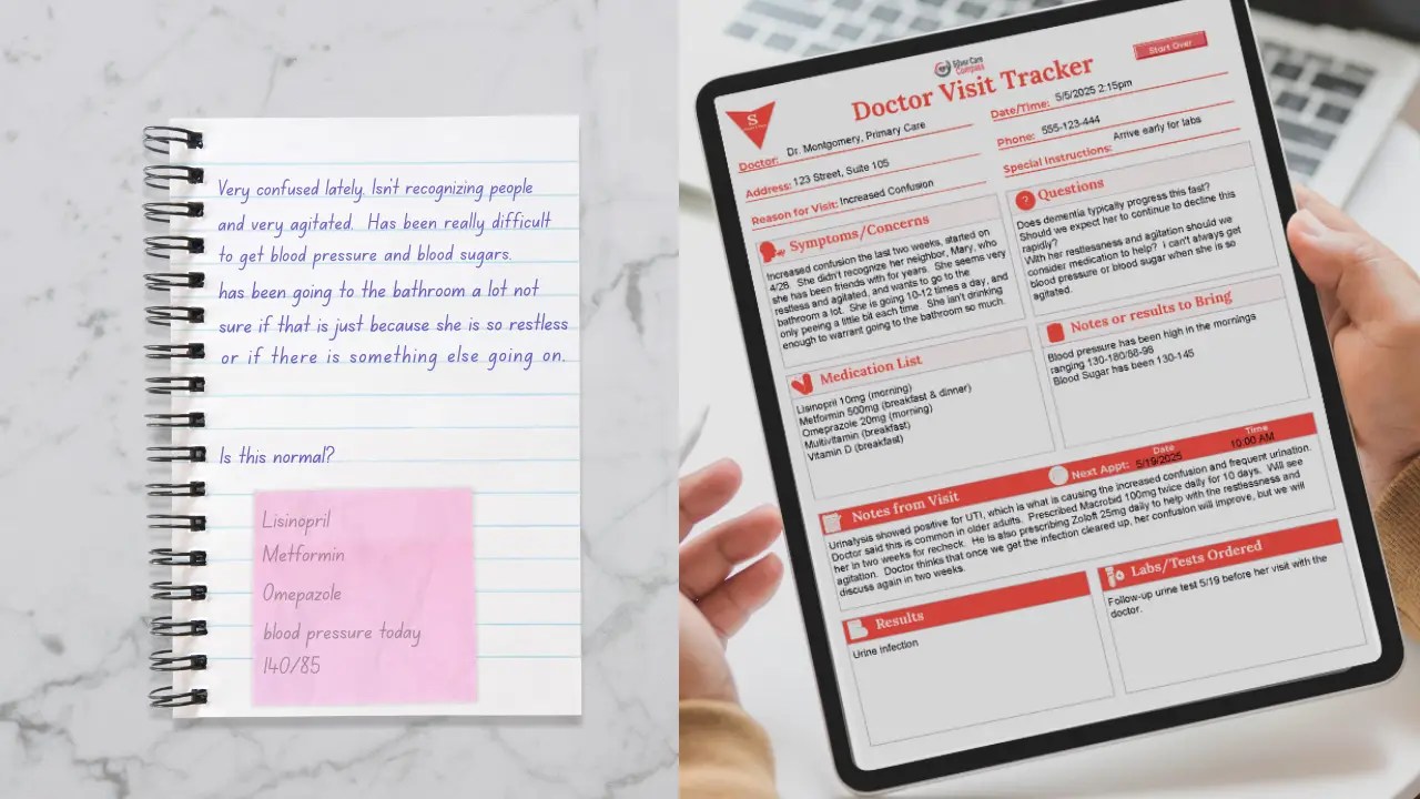 Split screen comparison showing scattered handwritten caregiver notes versus organized Doctor Visit Tracker form with same medical information professionally formatted for healthcare appointments