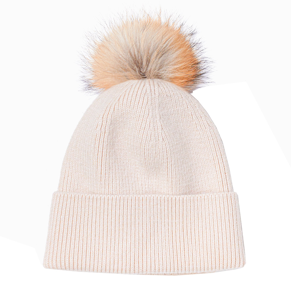 M Cashmere Women Beanie Hat with Fur Pom