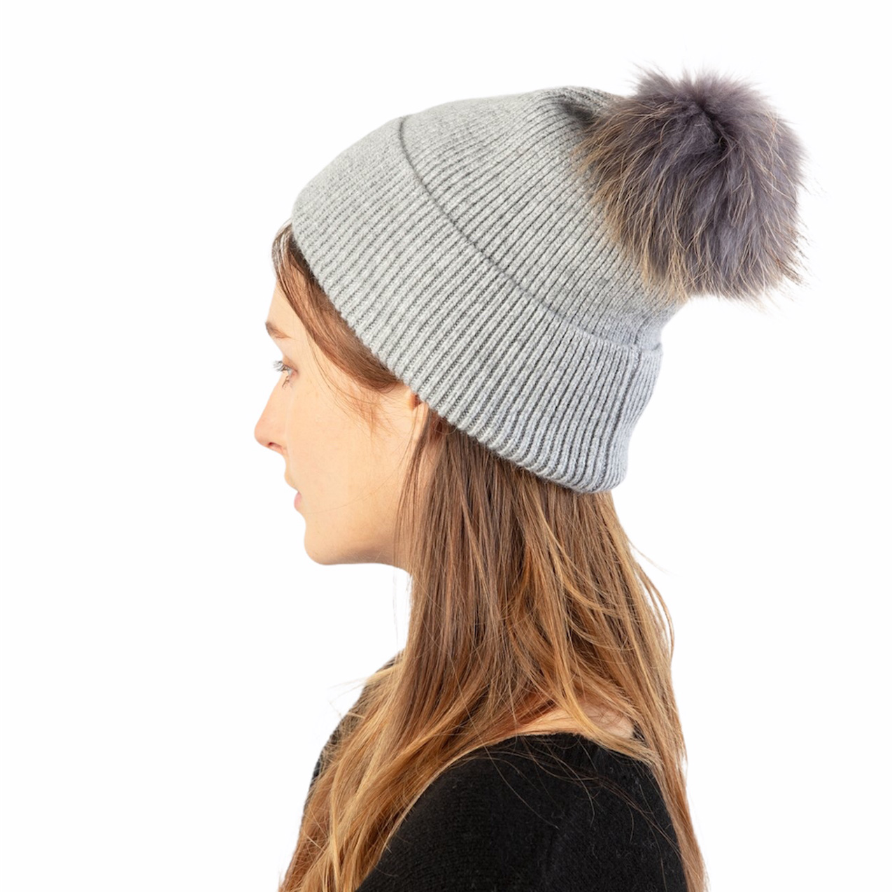 M Cashmere Women Beanie Hat with Fur Pom