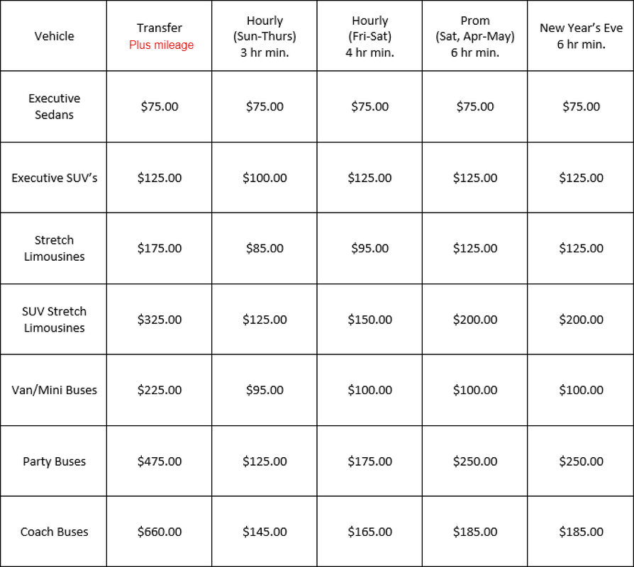 pricing for a dallas limo party bus or executive car rental on wedding bus rental cost