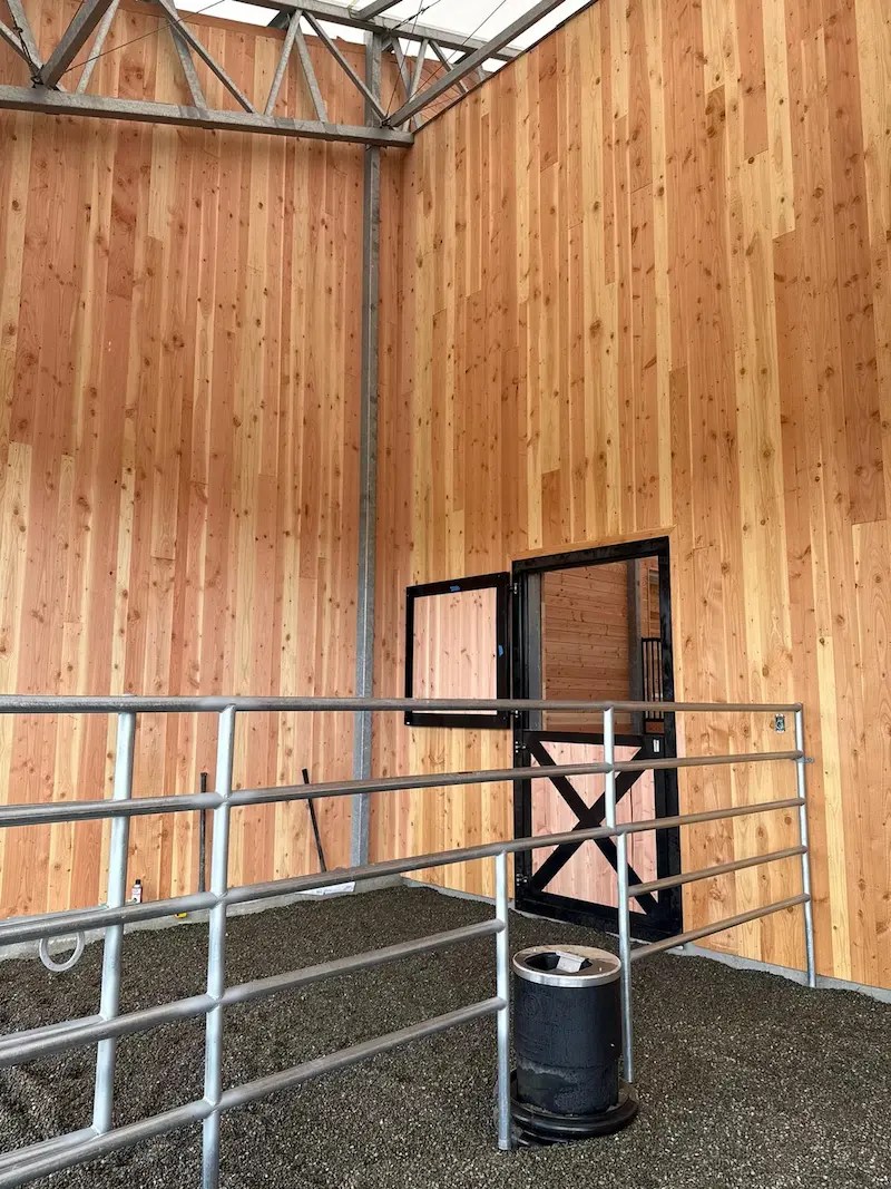 Horse stall entry with wood walls, steel framing, and a Dutch door inside an equestrian barn.