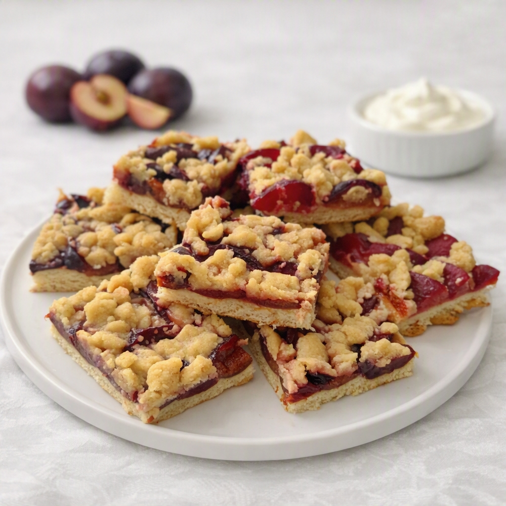 Saftige Pflaumenkuchen - Streuselschnitten auf weißem Teller, knusprigen Streusel, frische Pflaumen und Kaffee im Hintergrund