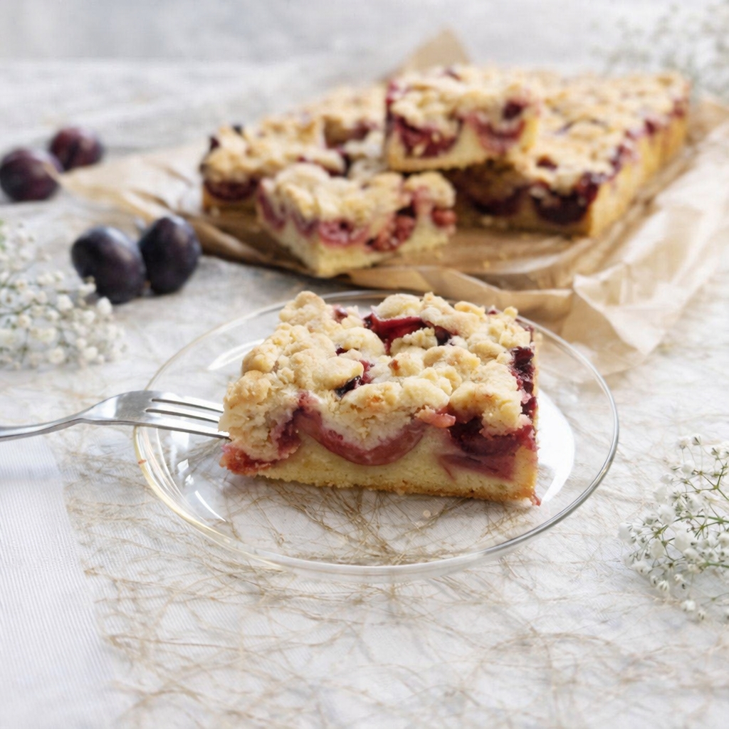 Frisch gebackener Pflaumenkuchen mit Rührteig und goldbraunen Streuseln, belegt mit saftigen Pflaumenhälften - serviert auf dem Backblech mit Backpapier, ein Stück serviert auf einem Glasteller im Vordergrund