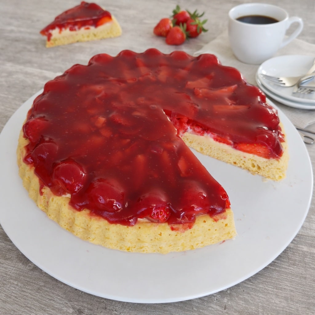 Frische Erdbeeren mit Erdbeerguss, cremiger Vanilleschicht und hellem Kombi- Boden auf weißen Teller, daneben Kaffee, Tellerstapel und Frische Erdbeeren auf hellem Holztisch