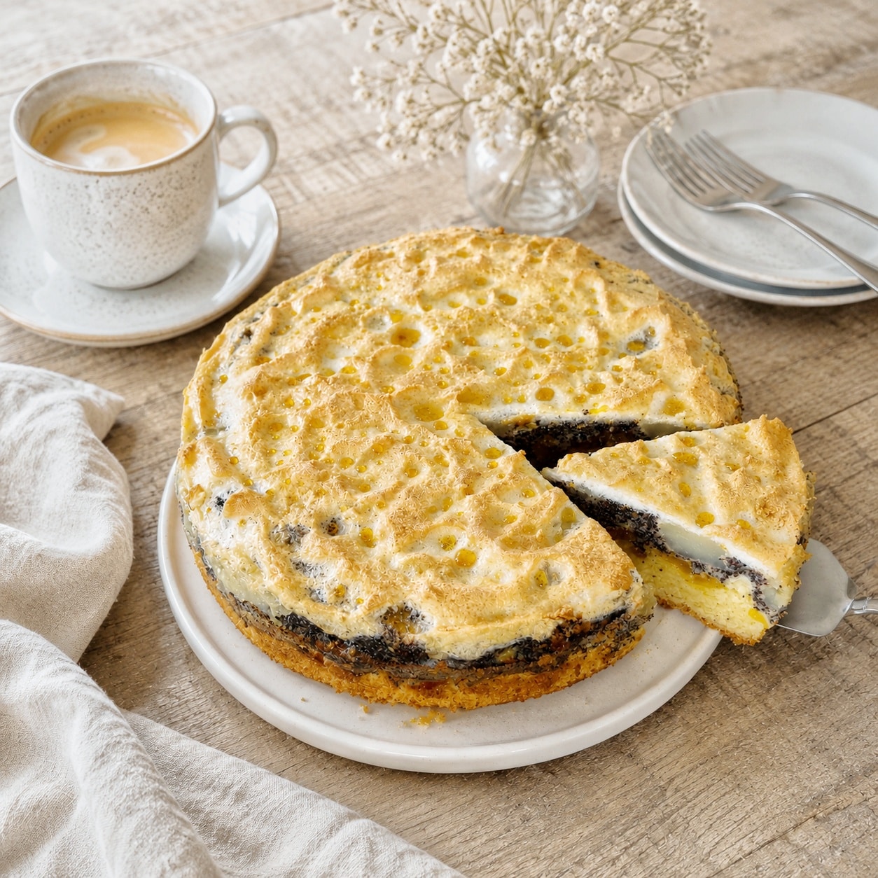 Frisch gebackener Mohn- Schmand- Kuchen mit Mandarinenmit Baiserschicht angeschnitten und serviert auf weißen Tortenteller