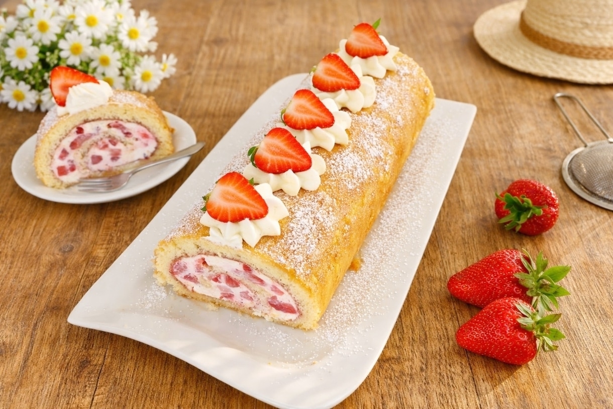 Erdbeer- Biskuitrolle auf Holztisch mit frischen Erdbeeren, ein Stück links dem Tortenteller