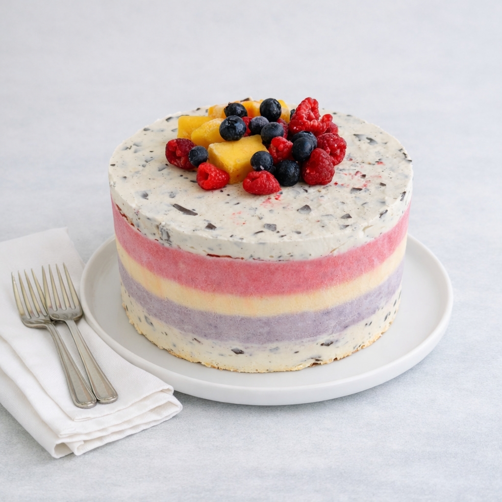 Mehrschichtige Eistorte Stracciatella mit Heidelbeer-, Mango- und Himbeerfruchtschichten, dekoriert mit frischen Beeren und Mango