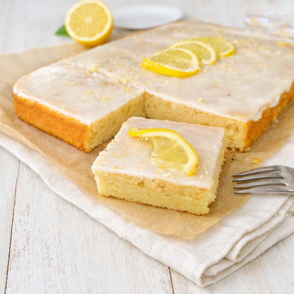 Zitronenkuchen mit dünnem Joghurt Guss, Zitronenscheiben als Deko und einem einzelnen Kuchenstück auf Backpapier