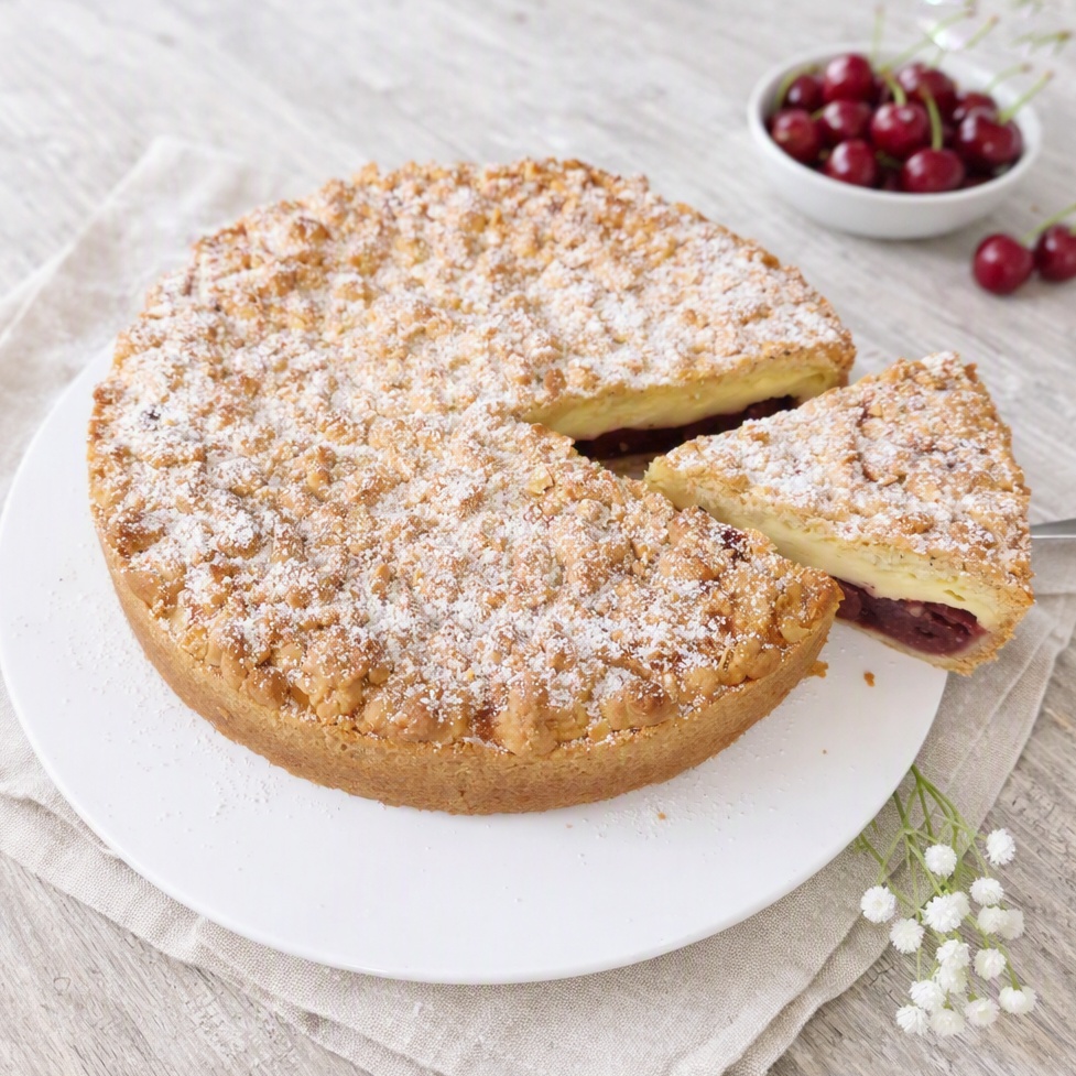 Streuselkuchen mit Kirschen und Schmand auf weißem Tortenteller, einem Herausgeschnittenen Stück, im Hintergrund eine Schüssel Sauerkirschen auf hellem Holzuntergund