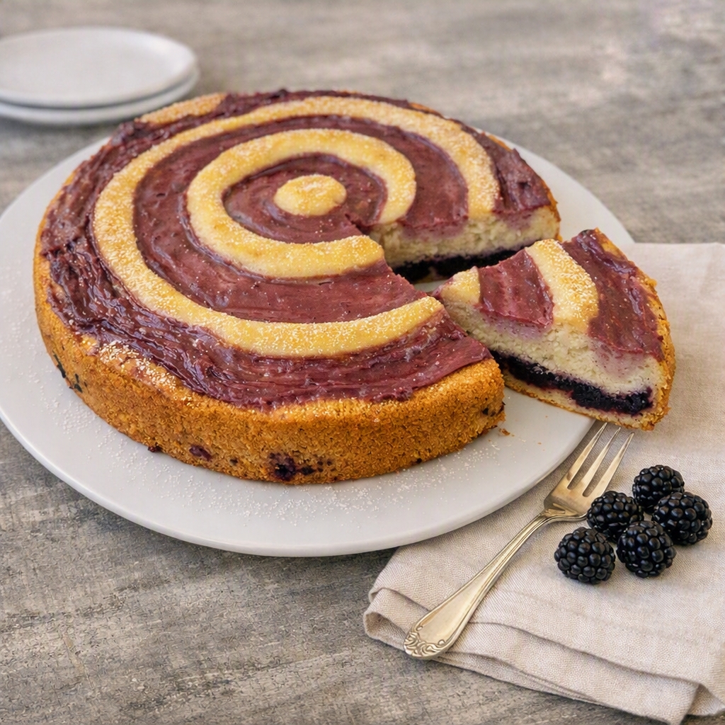 Saftiger Brombeerkuchen mit Brombeeren im Inneren und dekorativen Puddingringen auf der Oberfläche, Kuchen angeschnitten und serviert auf weißem Tortenteller