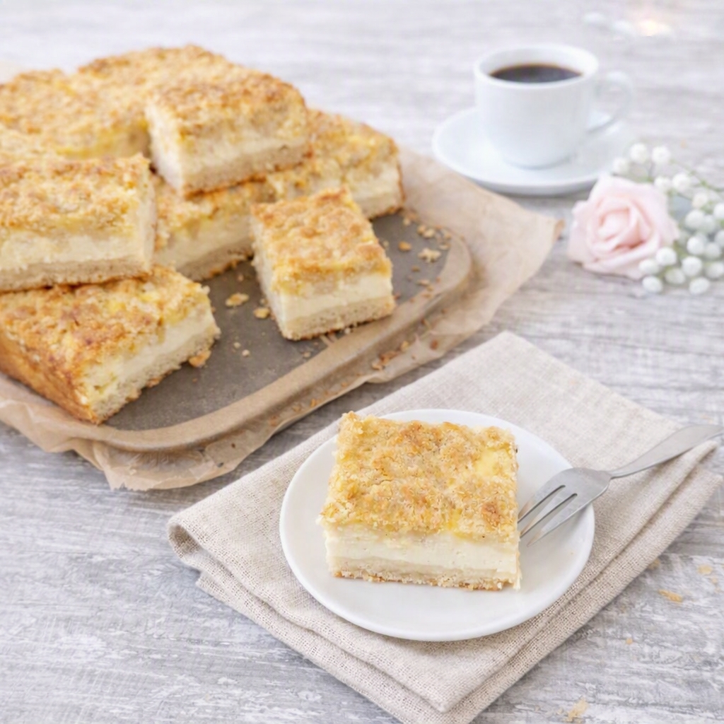 Traditioneller Kirmeskuchen aus der DDR mit Quarkmasse, Eier-Butter-Guss und Mandelstreuseln angerichtet auf Holzuntergrund; im Hintergrund eine Tasse Kaffee