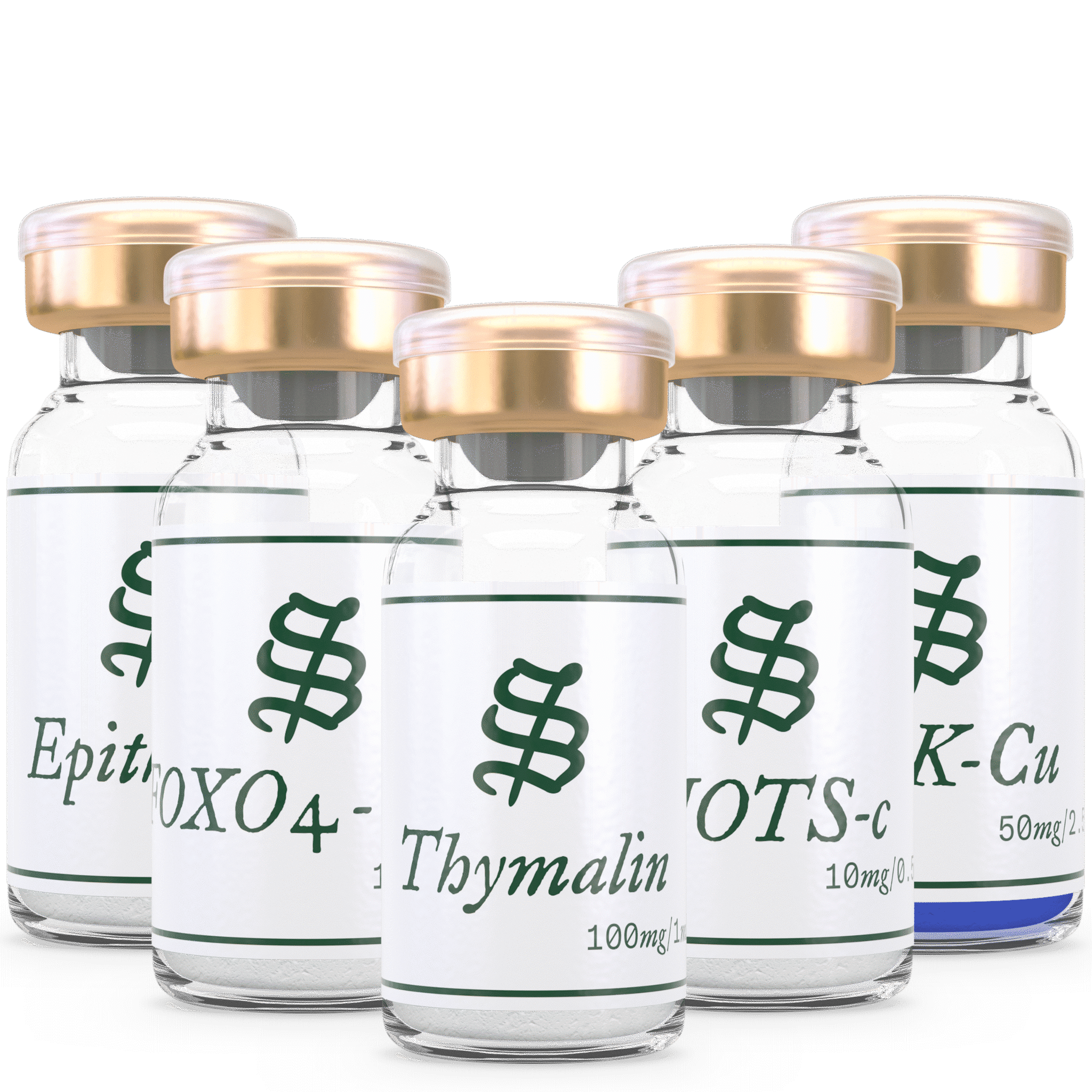 Five clear vials with gold caps, labeled as the Longevity & Anti-Aging Peptide Stack, display dosage information on white labels.