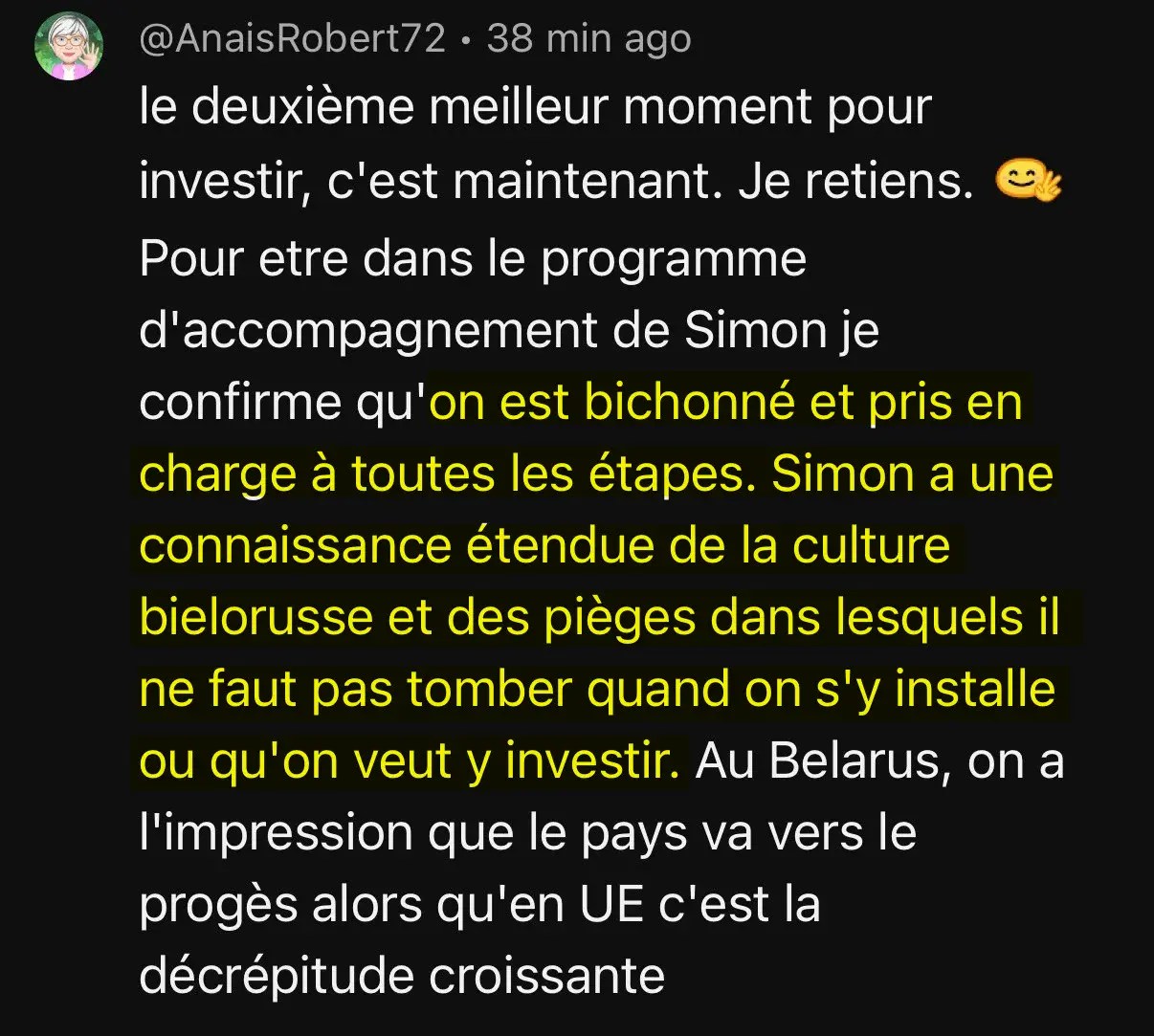 Témoignage : client pris en charge à toutes les étapes. Connaissance étendue de la culture Biélorusse