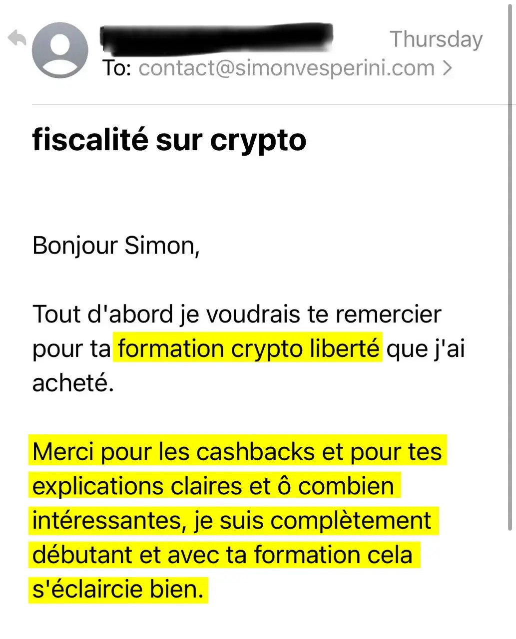 Témoignage : formation crypto liberté. Merci pour les cashbacks et les explications claires et intéressantes adaptées aux débutants