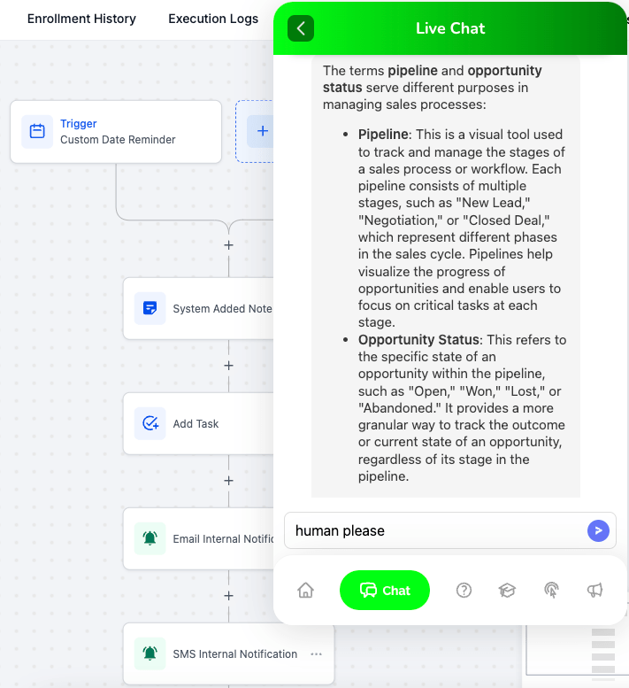 Simple eSystem Live Chat showing difference between Pipeline and Opportunity Status