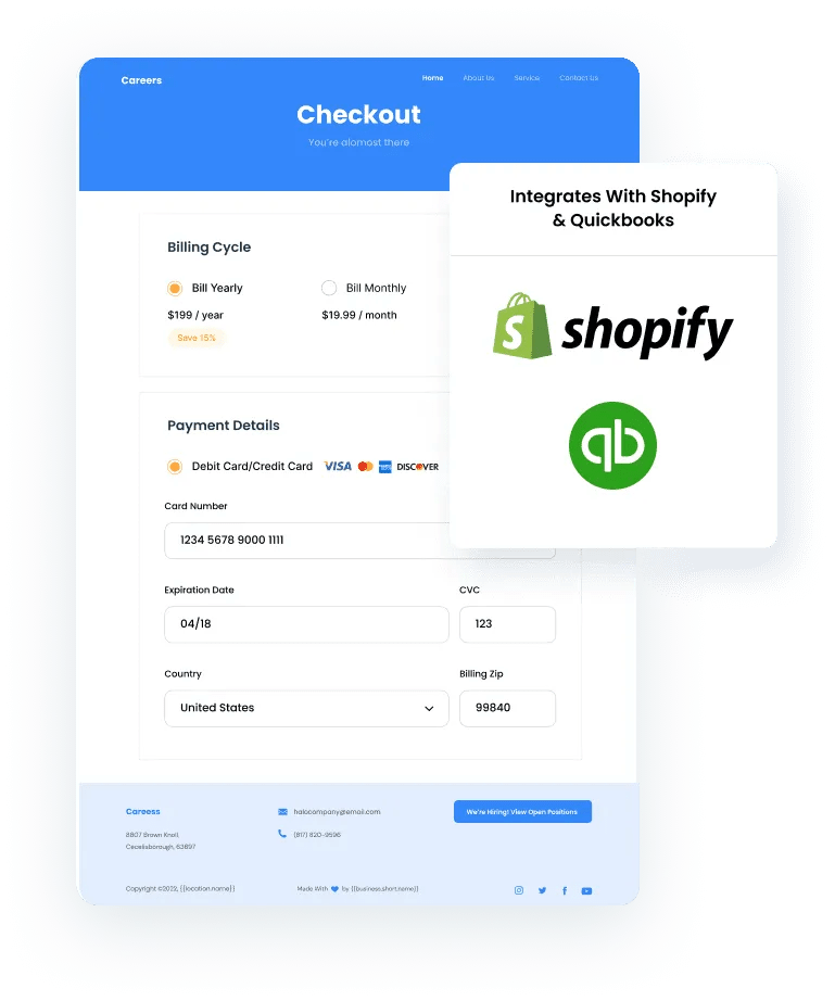 Checkout page sample with stripe, shopify quickbooks integration