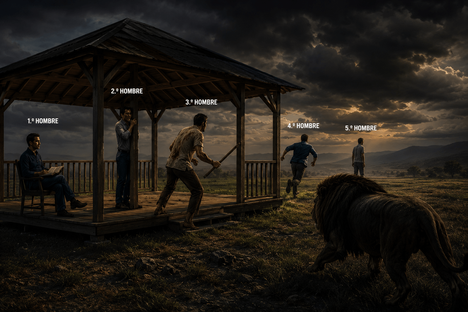 259. Cinco hombres y un león