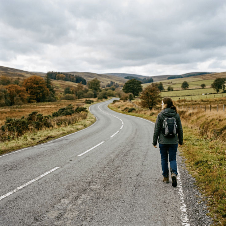 Woman walking alone on empty road