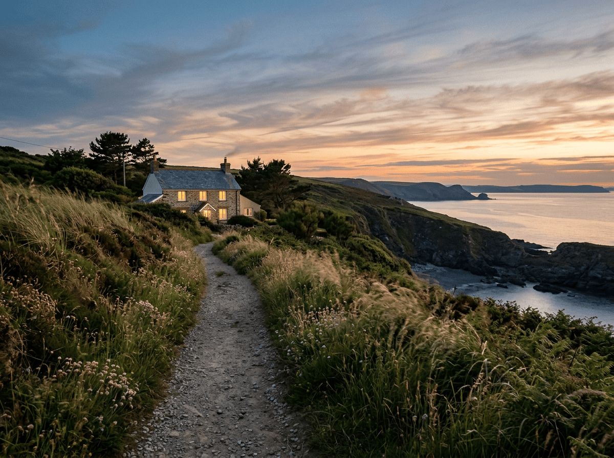 Stone cottage beside a coastal path overlooking cliffs and sunset sea