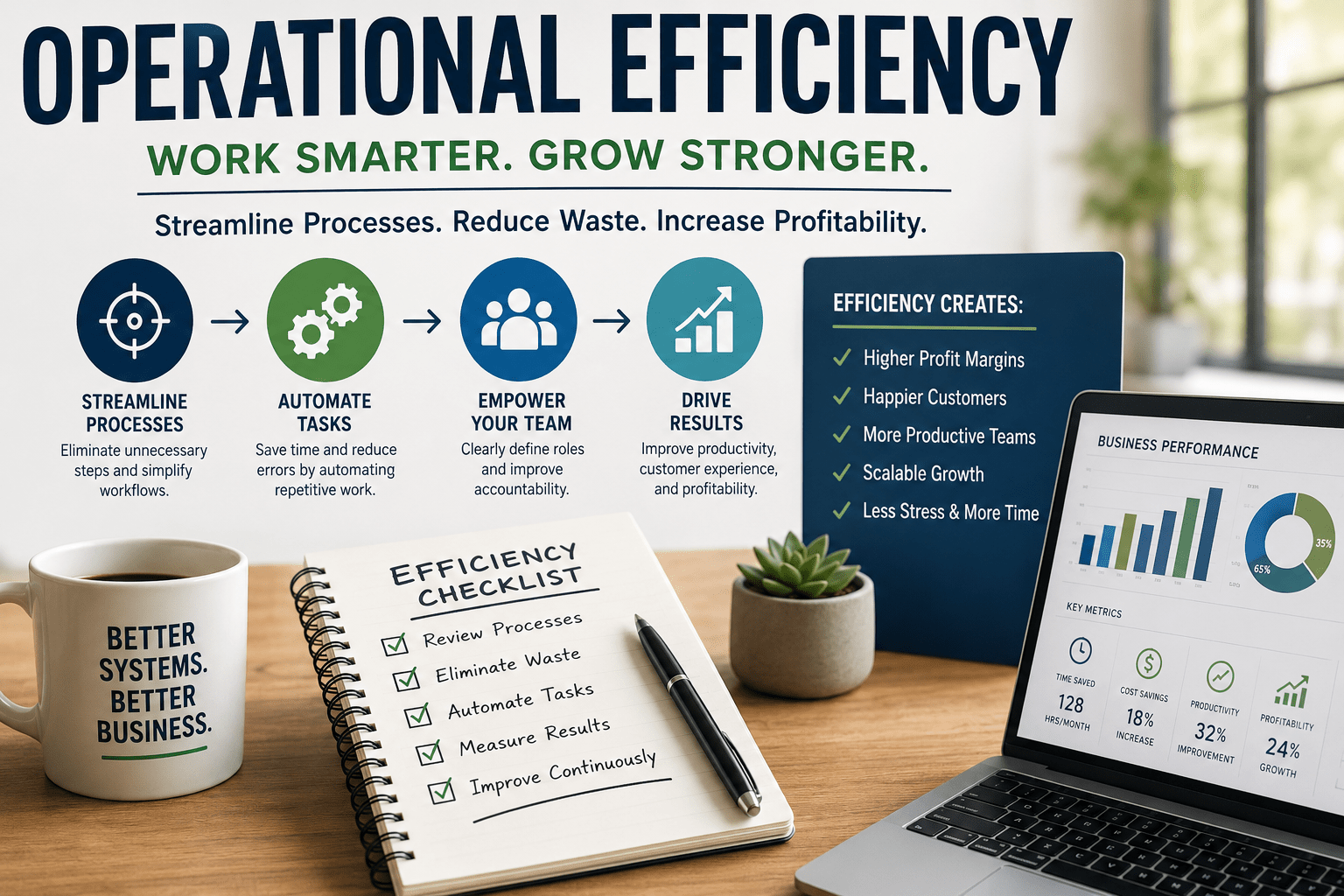 Operational efficiency. Work Smarter. Grow Stronger. Streamline Processes. Reduce Waste. Increase Profitability