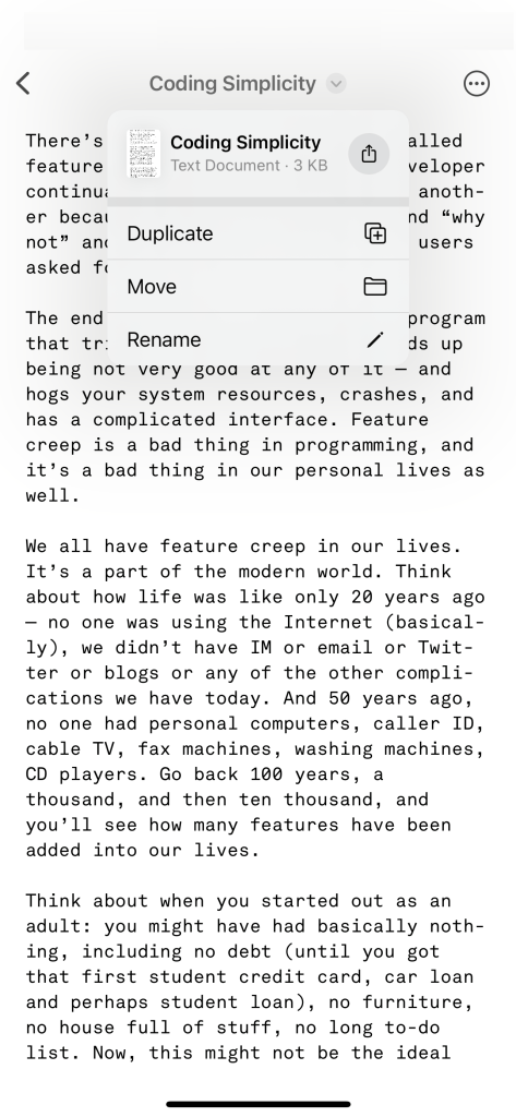 Screenshot of Simpletext’s file menu on iOS 16
