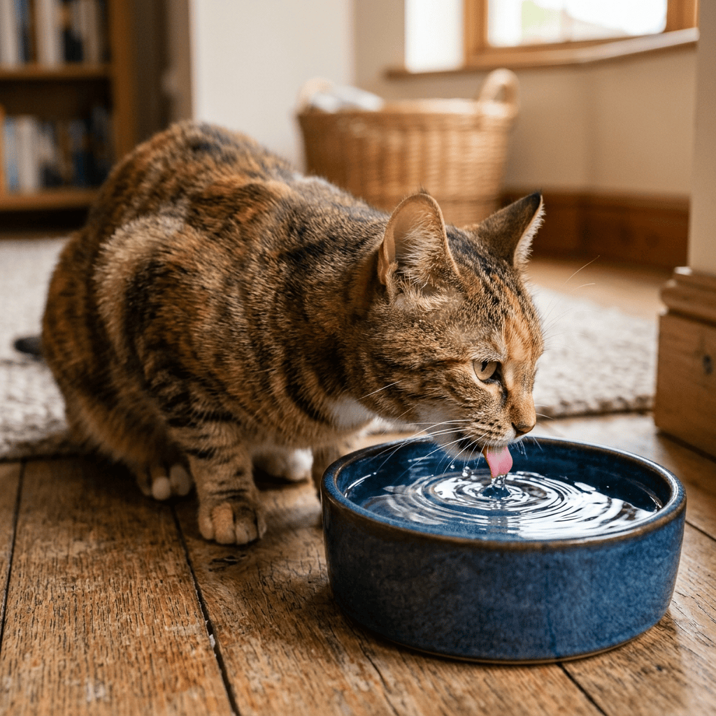 Tabby cat drinking water from a blue ceramic bowl