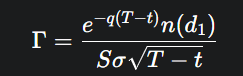 Formula for Gamma (Γ) in the Black-Scholes-Merton model, illustrating the calculation of option sensitivity with respect to changes in the underlying asset's price.