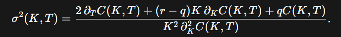 Mathematical formula representing Dupire's equation for calculating local volatility from European option prices.