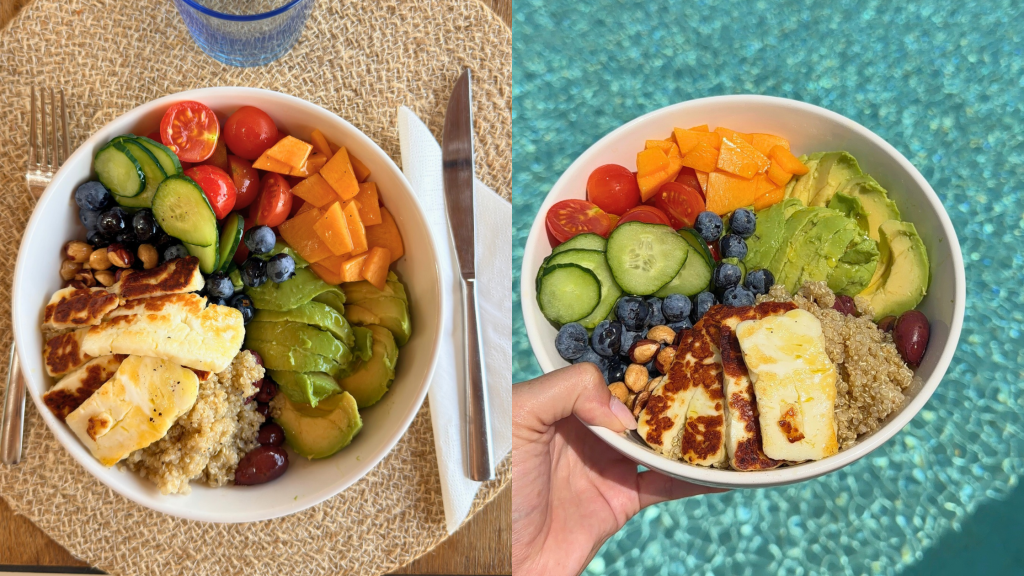 Halloumi quinoa power bowl with avocado, cherry tomatoes, cucumber, blueberries, and nuts