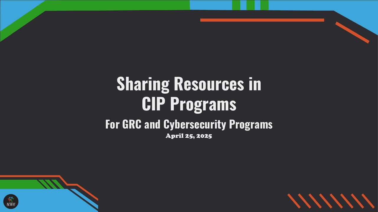 Title slide of the SimpliGRC presentation "Sharing Resources in CIP Programs"