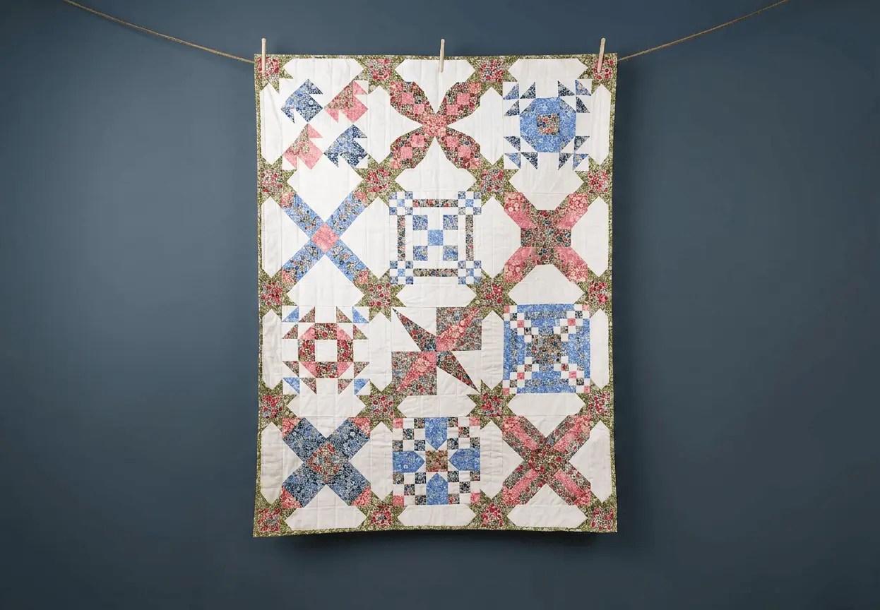 White, pink and blue asymmetrical design quilt hung from a brown string against a dark blue wall