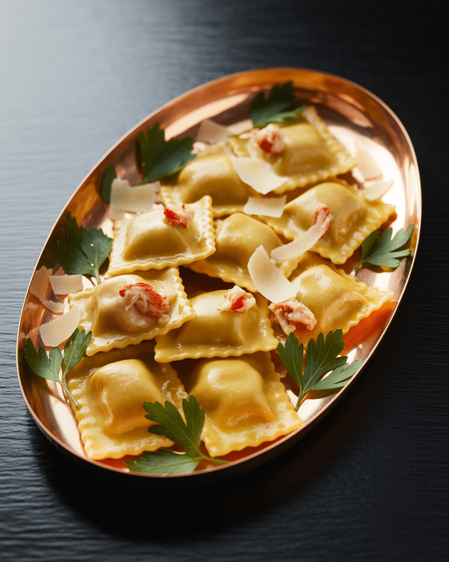 Lobster Ravioli in a copper serving dish