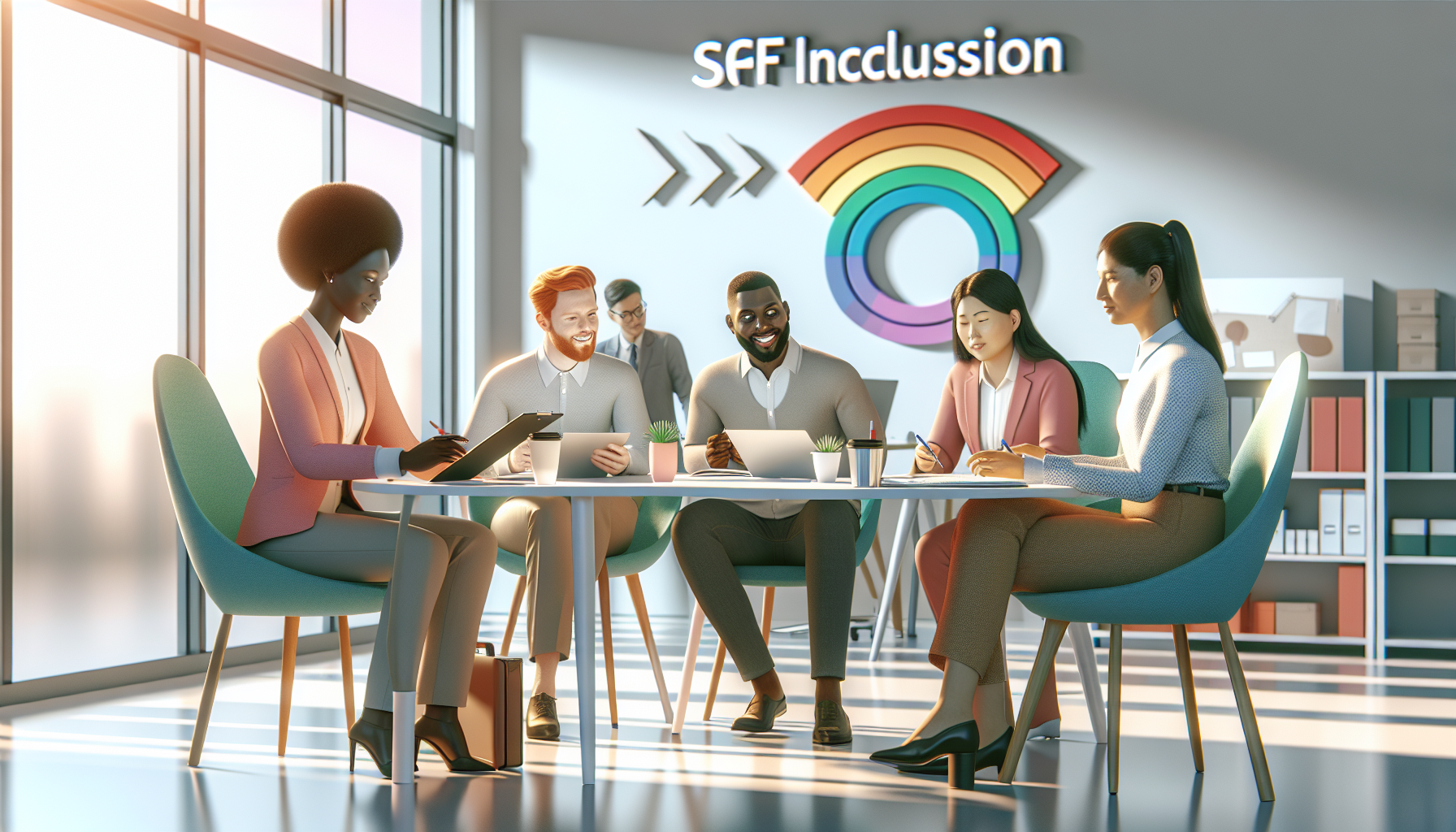 ai image of people sitting around a table in a brightly lit room with a rainbow on wall behind them.