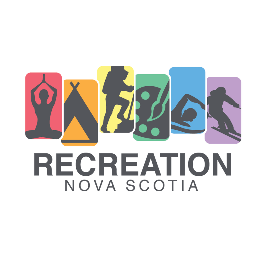 Logo for Recreation Nova Scotia featuring colorful panels with yoga, tent, climber, canoe, swimmer, and skier silhouettes and the text Recreation Nova Scotia.
