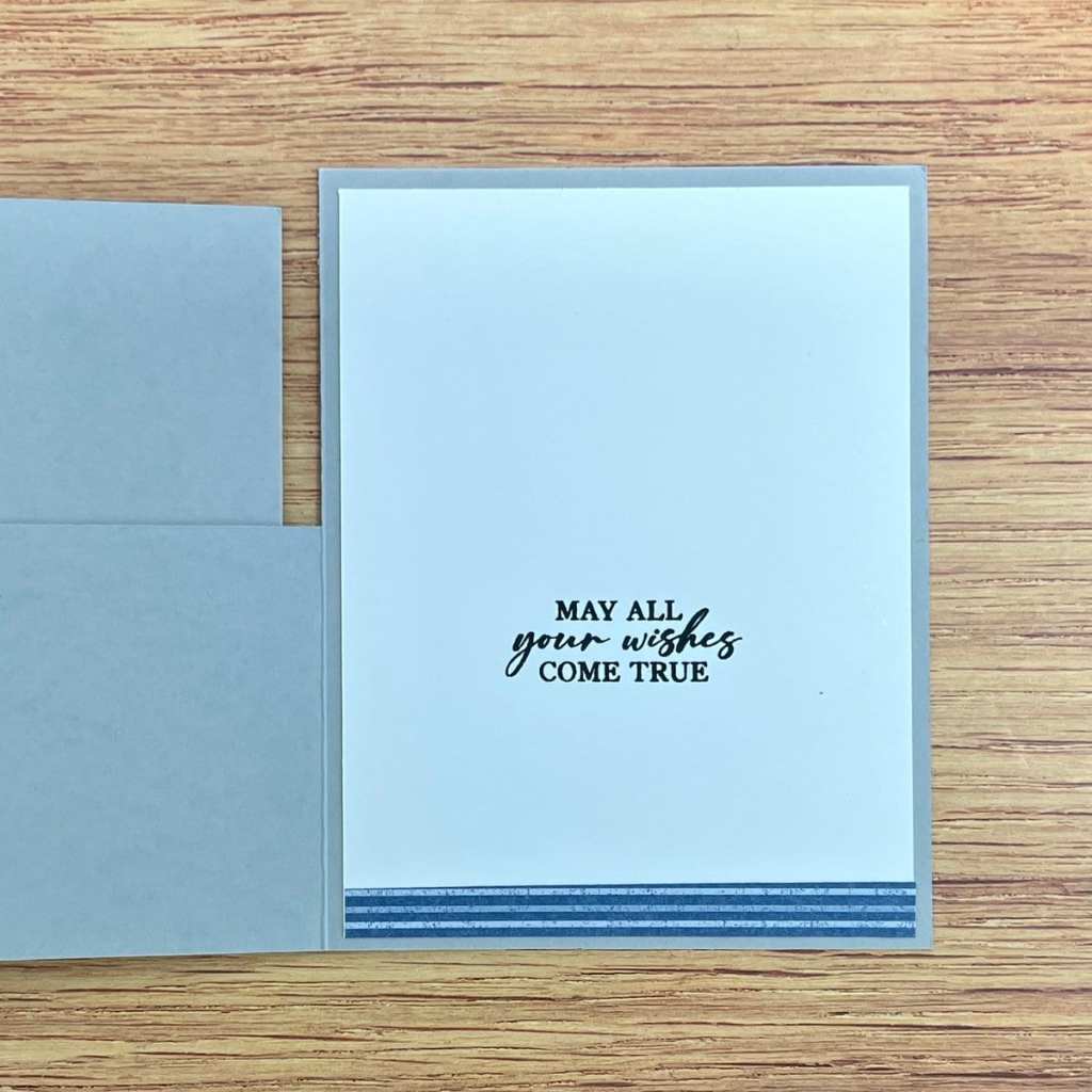 On the inside of a Split Top Fun Fold, stamp the sentiment below the portion of the cut out panel.
