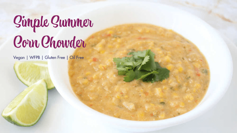 Nothing says summer like a delicious, healthy corn chowder soup. This easy recipe is vegetarian, vegan, dairy free, gluten free, oil free, nutritarian, and whole food plant based. It is perfect for comfort foods and families and can even be made in a crockpot. Made with lots of vegetables -corn, potatoes, carrots, onions, cashews, red peppers, jalapeno, cilantro, and almond milk, but you can also create the cream with coconut milk if you need it to be nut-free. #summerfoods #cornchowder #healthyvegan #eattolive #nutritarian #forksoverknives #vegetarian #glutenfree #dairyfree