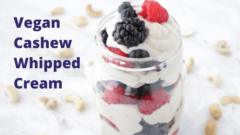 This healthy vegan cashew whipped cream is so delicious & versatile. This easy recipe only has 4 ingredients and I have a no-soak method that takes 5 minutes. This simple whole food plant based cashew cream is oil free, sugar free, dairy free, & gluten free. #cashewcream #wfpb #plantbased #cashewwhippedcream #oilfree #sugarfree #vegan #dairyfree #oilfree