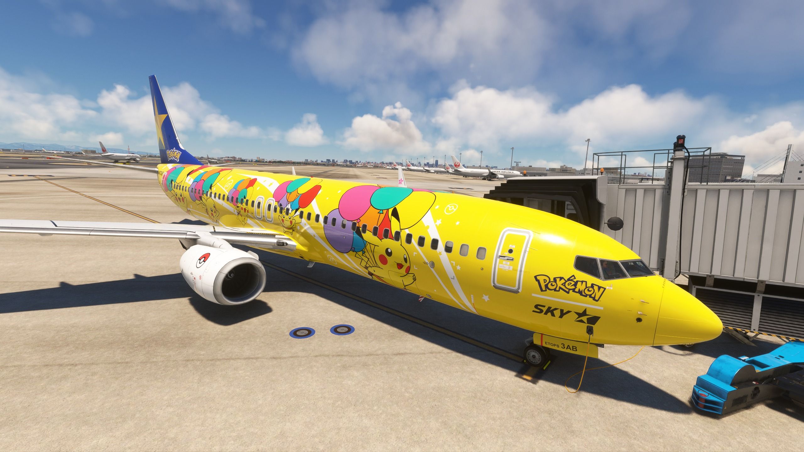 A Skymark Boeing 737 in Pokemon livery in Microsoft Flight Simulator by PMDG