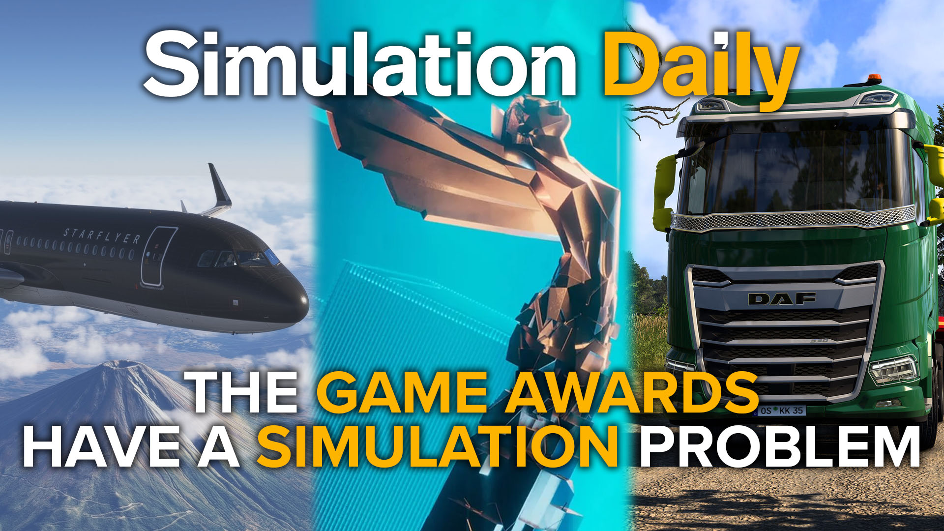 Imagery representng The Game Awards trophy, an Airbus A320 in Microsoft Flight Simulator 2024 and a DAF truck in Euro Truck Simulator 2, with Simulation Daily logo and "The Game Awards have a Simulationn Problem" title