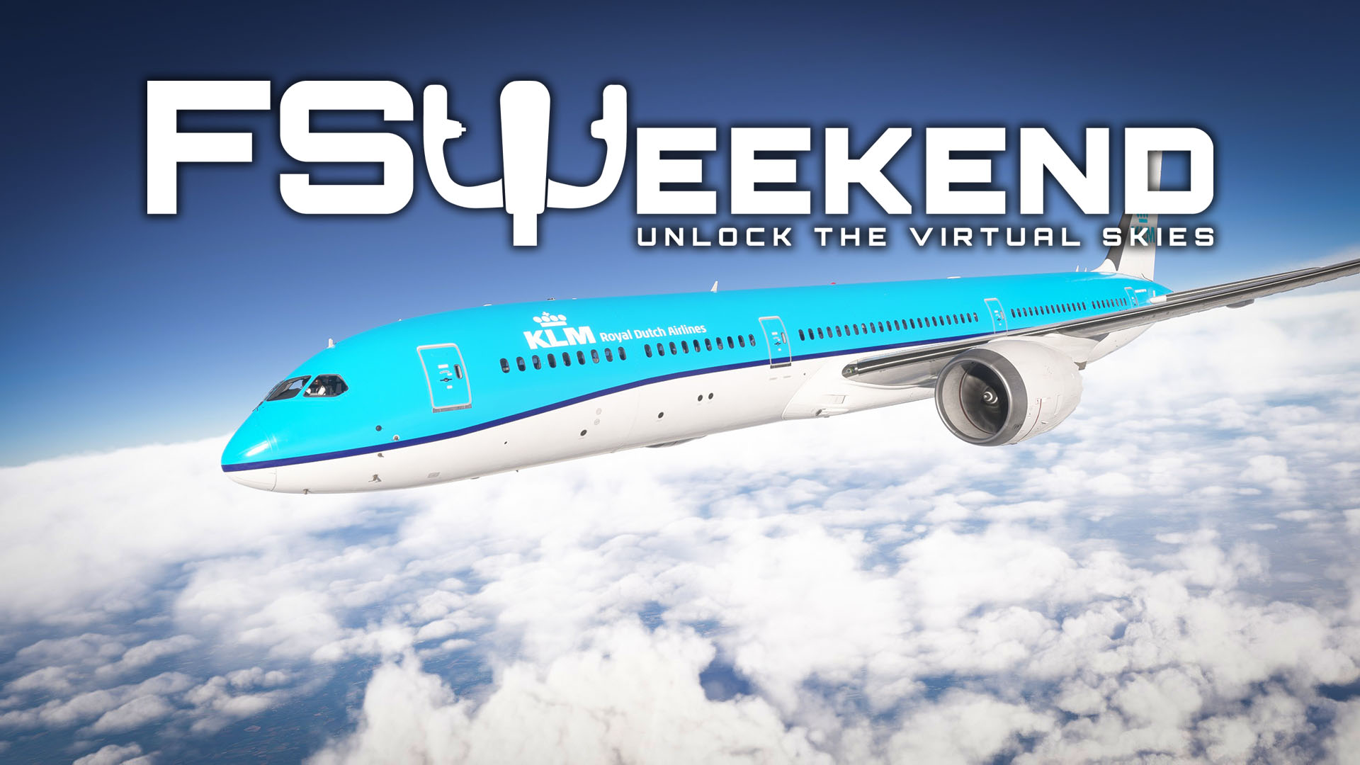 FlightSimWeekend Logo with KLM 787 in Microsoft Flight Simulator 2024