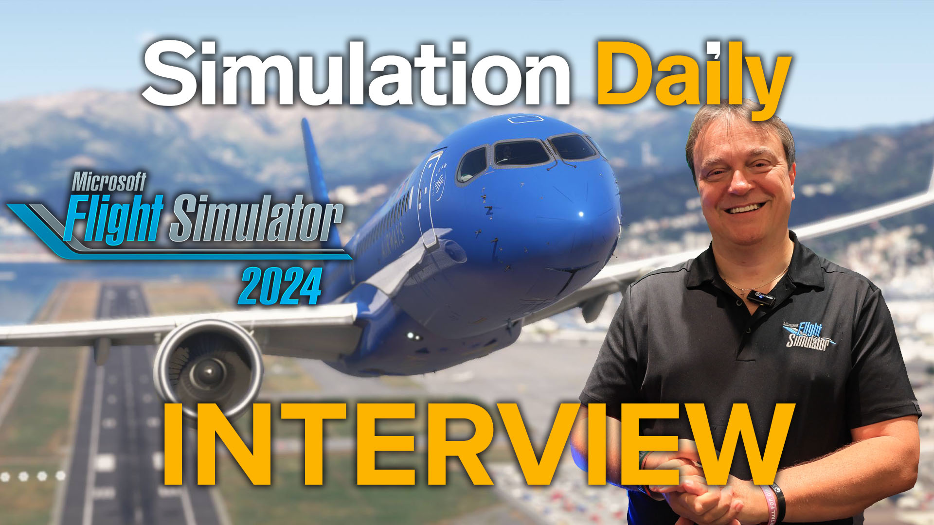 Microsoft Flight Simulator 2024 Interview Gamescom 2026 Featured Image with ITA Airways Airbus A220 taking off from Genoa Airport and Jorg Neumann smiling
