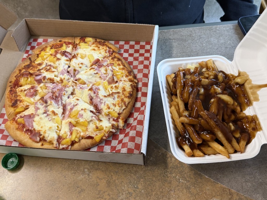 Pizza and poutine for dinner at the cafe