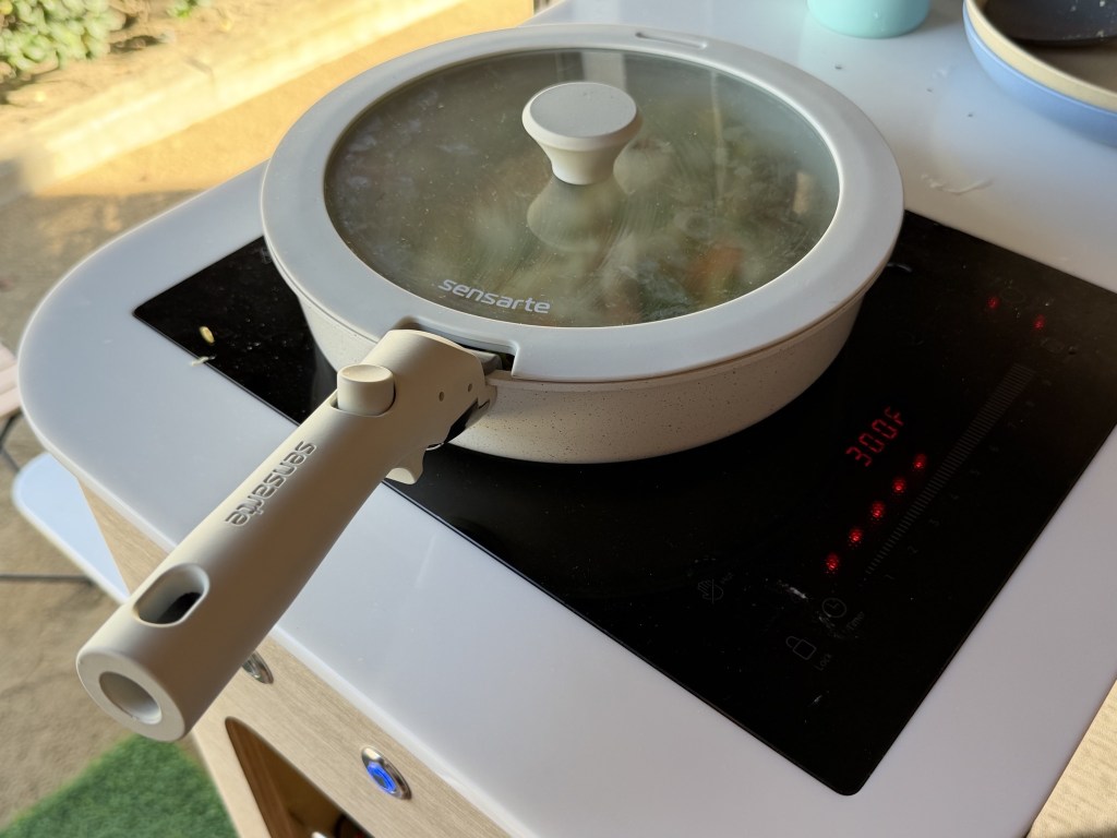 Single burner induction cooktop; this will be replaced by a two-burner invisible cooktop in our van