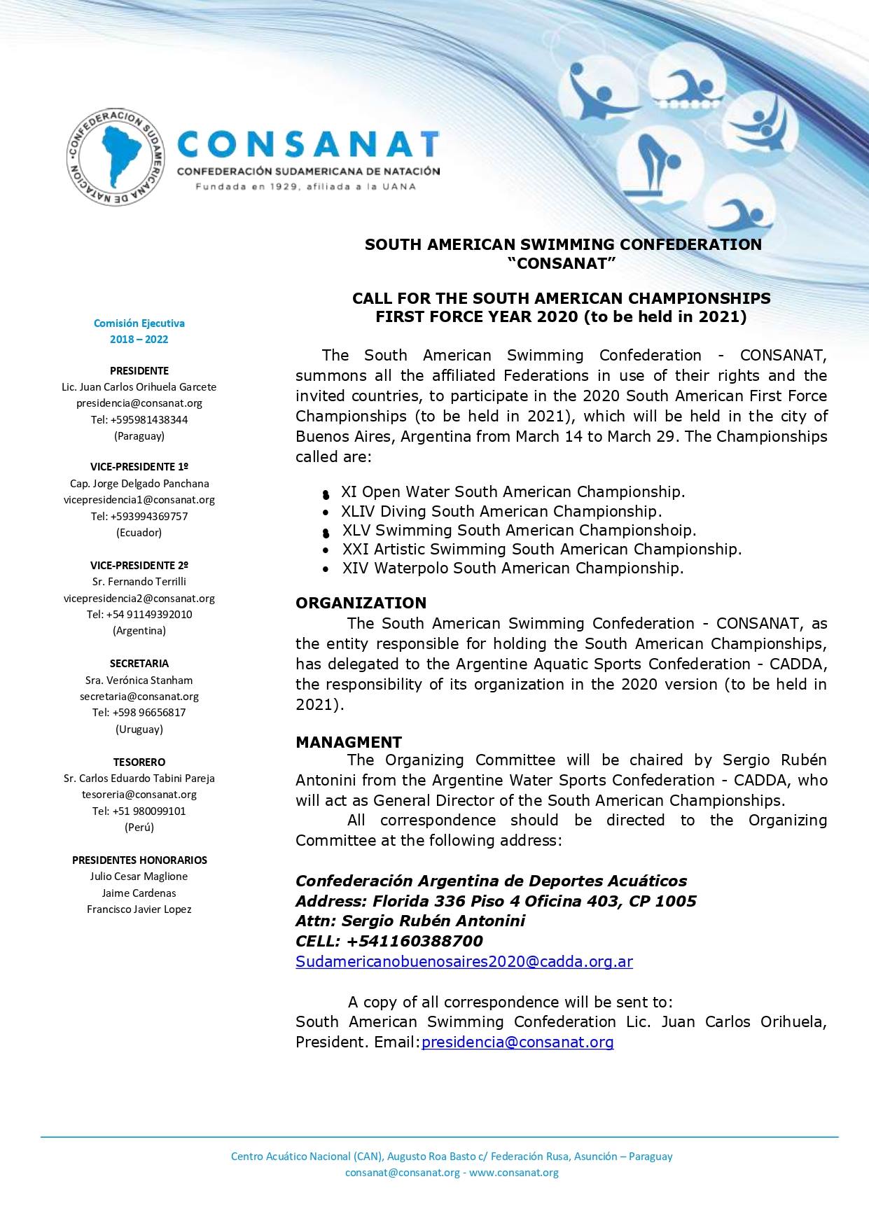 Convoca CONSANAT a los Campeonatos Sudamericanos 2020 – Incluido la Natación Artística