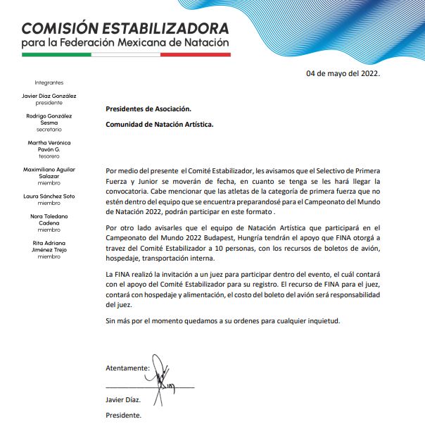 Pospone Comisión Estabilizadora selectivos Junior y Senior de Natación Artística