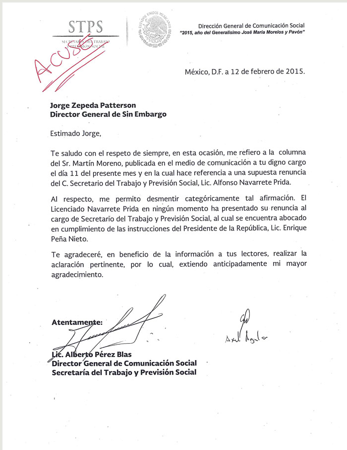 No he renunciado, dice Navarrete Prida en carta a 